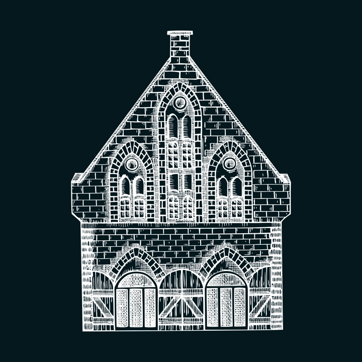 European city attractions. Architecture sketch. Old building drawing on chalkboard. Vintage house hand-drawn vector illustration. Architectural design element.  NOT AI generated
